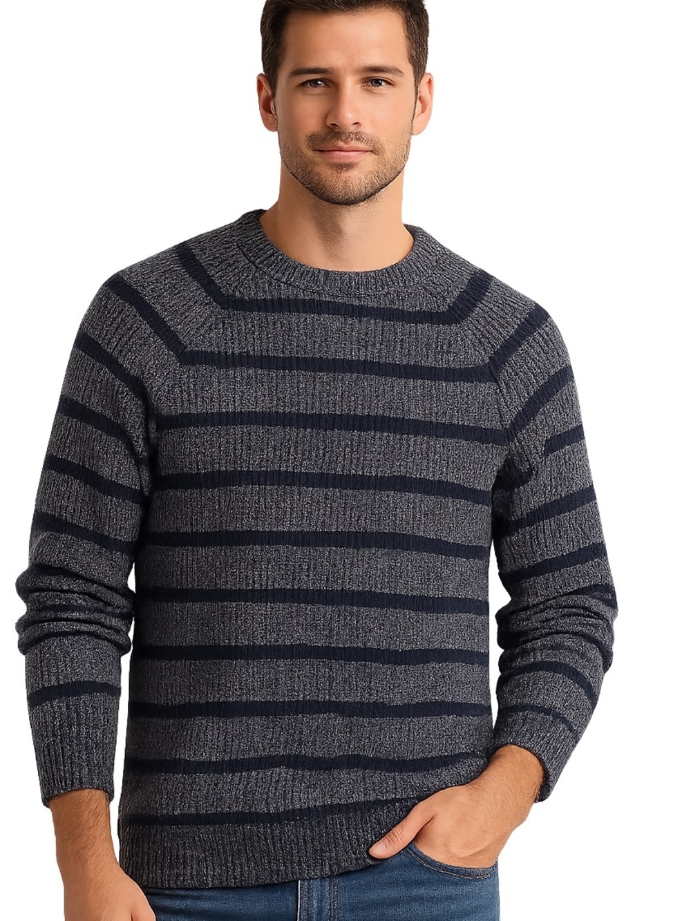 Denver Hayes Gray Black Striped Knit Crewneck Sweater Men’s Size Medium